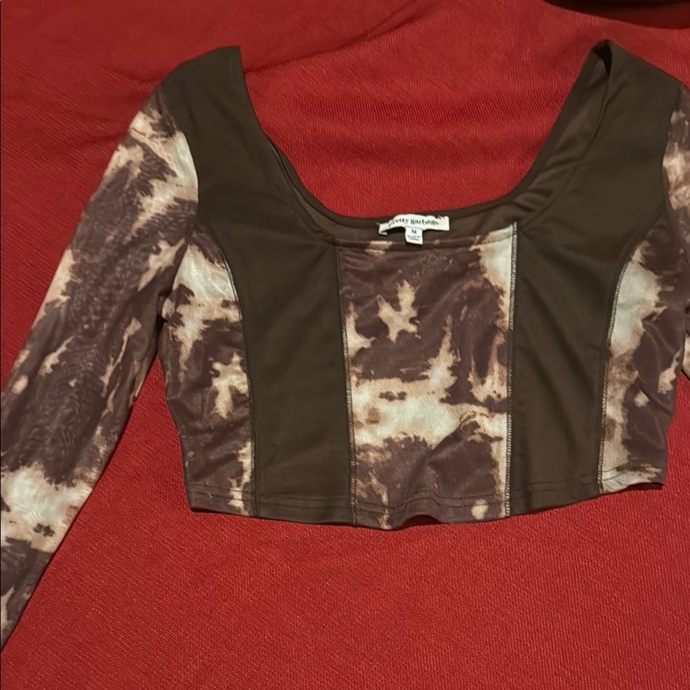 Brown and Cream Asymmetrical Fitted top with sheer sleeves size Medium